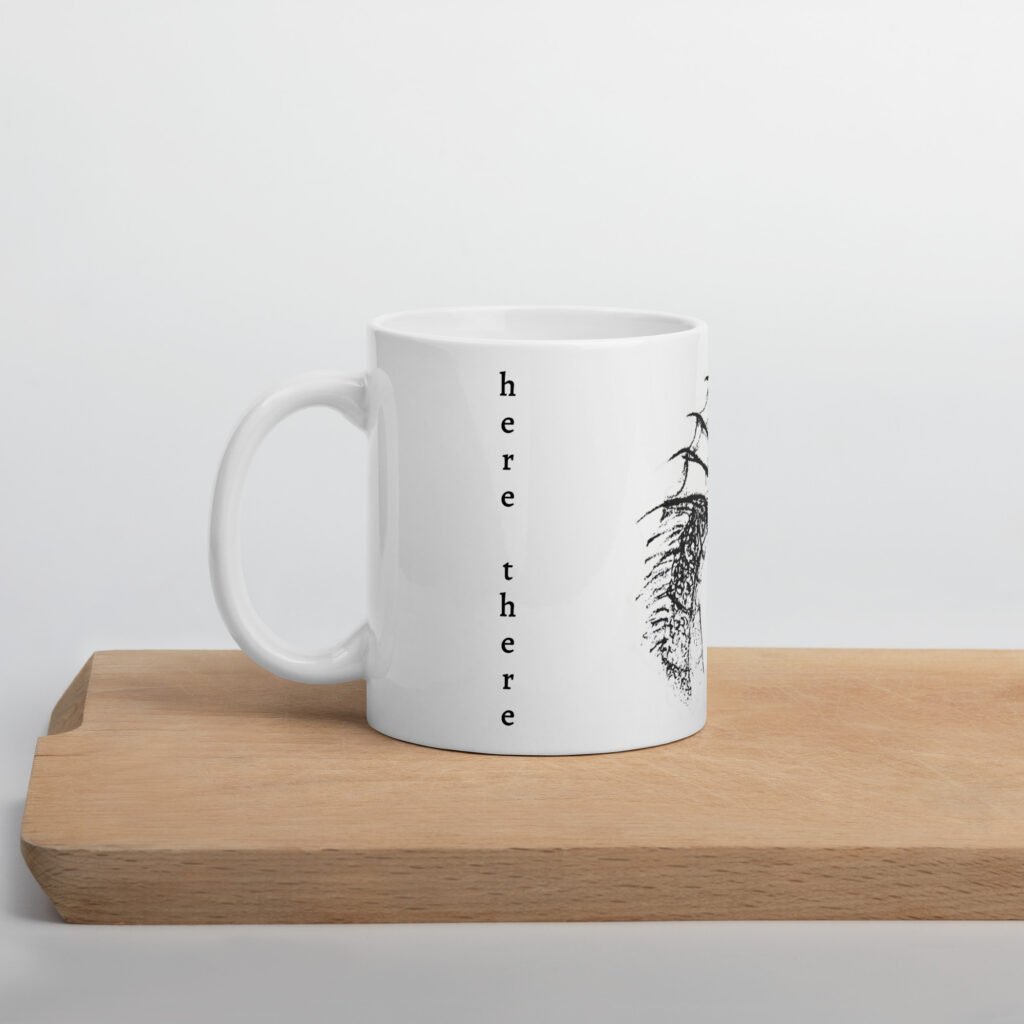 White glossy dragon mug #3 "Here there be dragons"