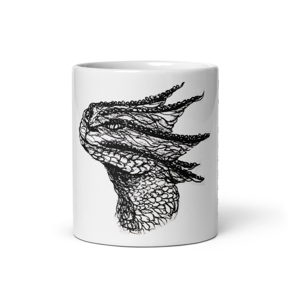 White gloss dragon mug #2 "Here there be dragons"
