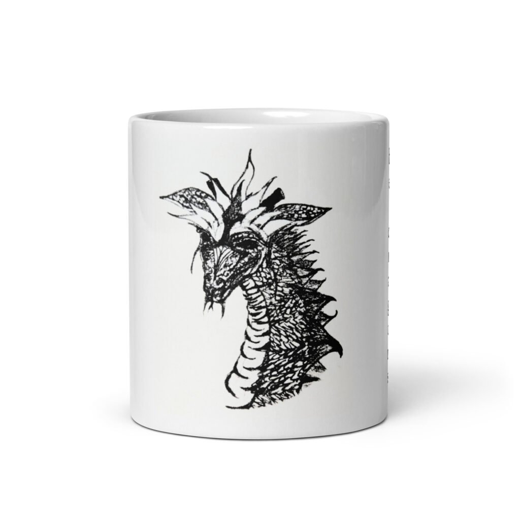 White gloss dragon mug "Here there be Dragons #1"